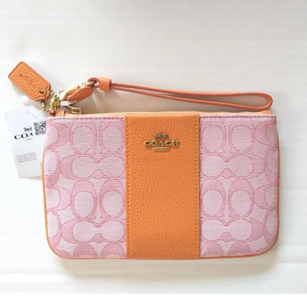New! COACH Small Wristlet in Signature Jacquard Pebbled Leather B4/Taffy Orange - Picture 4 of 5